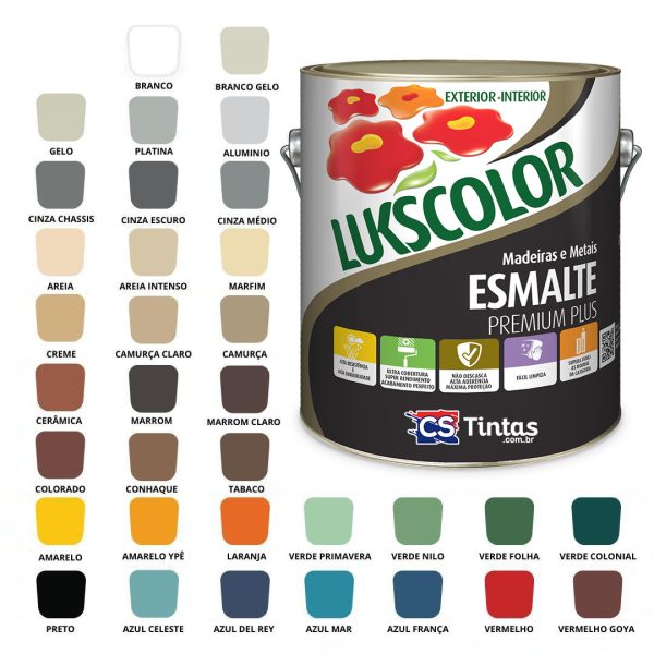 Tinta Esmalte Lukscolor para janelas, portões, madeira, ferro. Base solvente. Várias cores. Menor preço garantido.